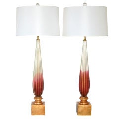 Vintage Murano Lamps of Cranberry and Cream on Gold Leaf