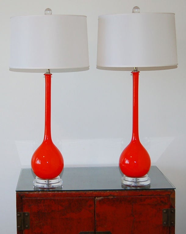 Seguso Murano Long Neck Lamps in Vermillion For Sale 1