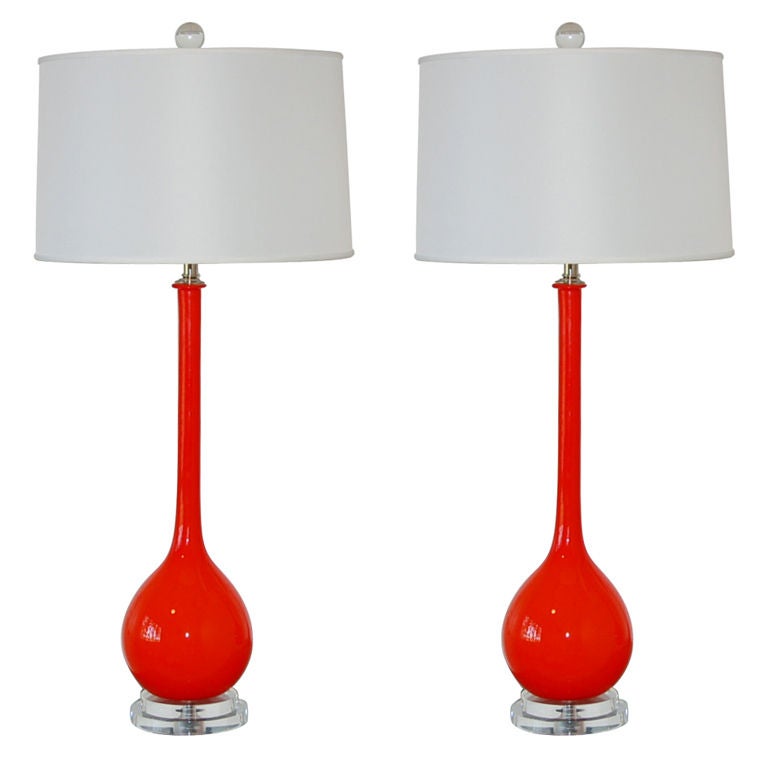 Seguso Murano Long Neck Lamps in Vermillion For Sale