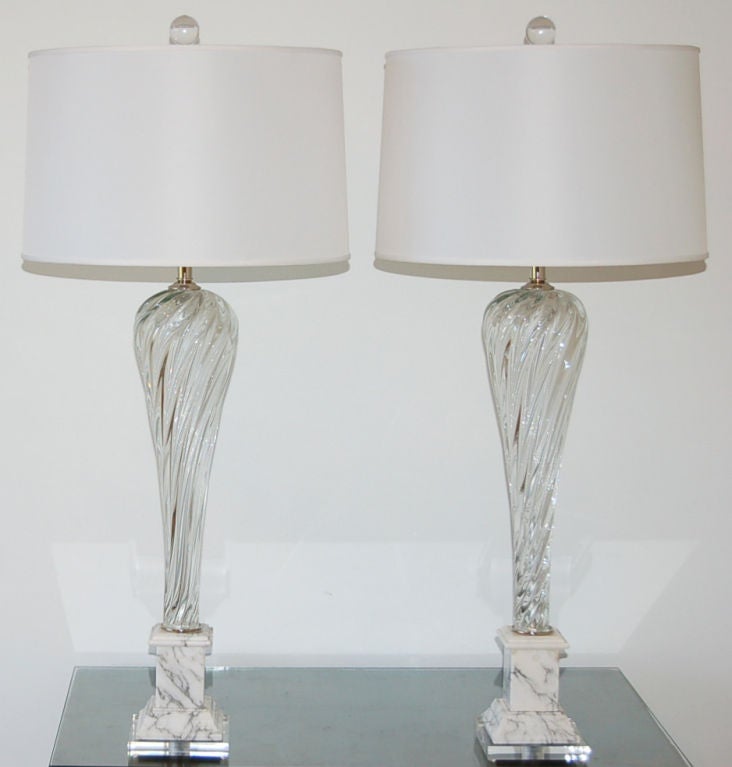 Hollywood Regency Vintage Murano Lamps in Crystal Clear on Italian Marble For Sale