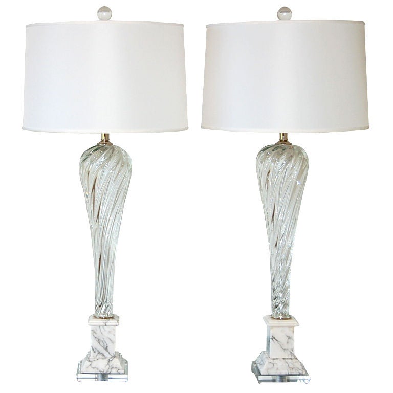 Vintage Murano Lamps in Crystal Clear on Italian Marble For Sale