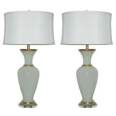 Pair of. Vintage Murano White Opaline Gold Banded Lamps