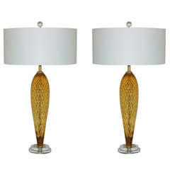 Pair of Vintage Italian Windowpane Glass Lamps in Butterscotch