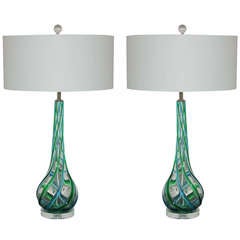 Pair of Vintage Murano Glass with Applied Ribbons of Emerald and Aqua