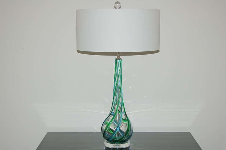 Pair of Vintage Murano Glass with Applied Ribbons of Emerald and Aqua