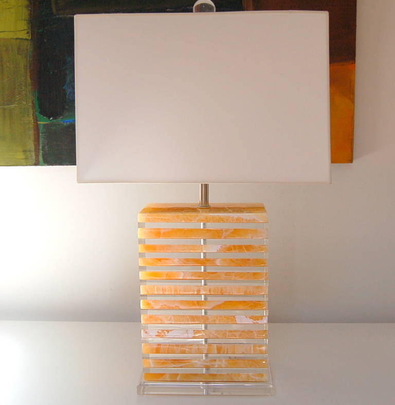 Elegant Pair of Tangerine Calcite and Lucite Lamps