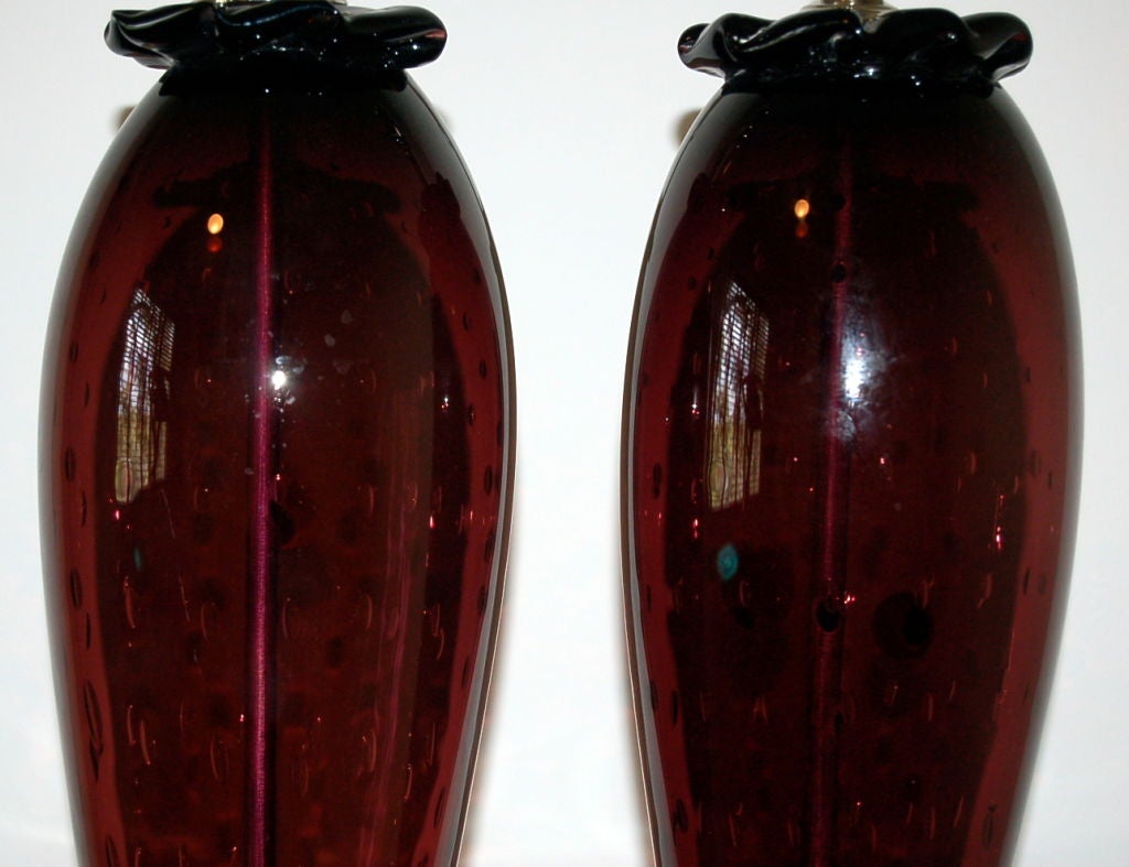 Vintage Murano Table Lamps of Aubergine with Controlled Bubbles In Excellent Condition For Sale In Little Rock, AR