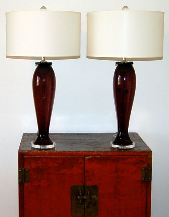 Vintage Murano Table Lamps of Aubergine with Controlled Bubbles For Sale 1