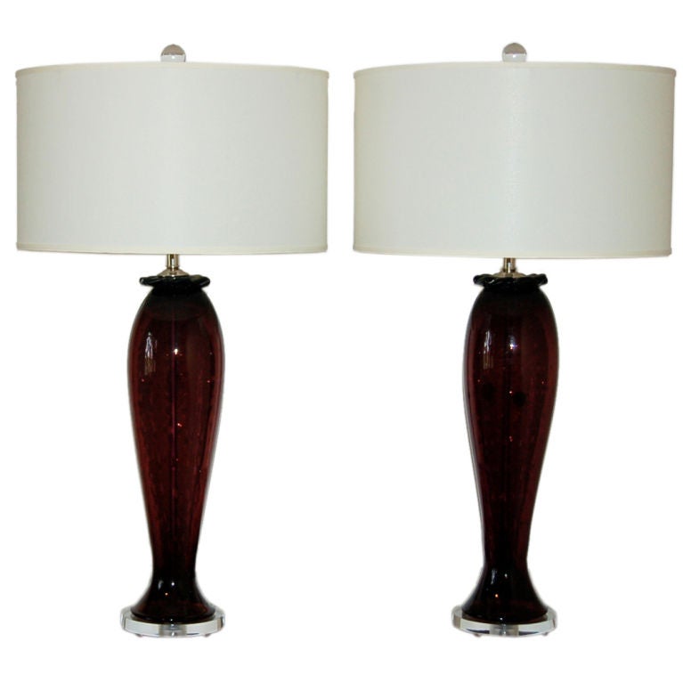Vintage Murano Table Lamps of Aubergine with Controlled Bubbles For Sale