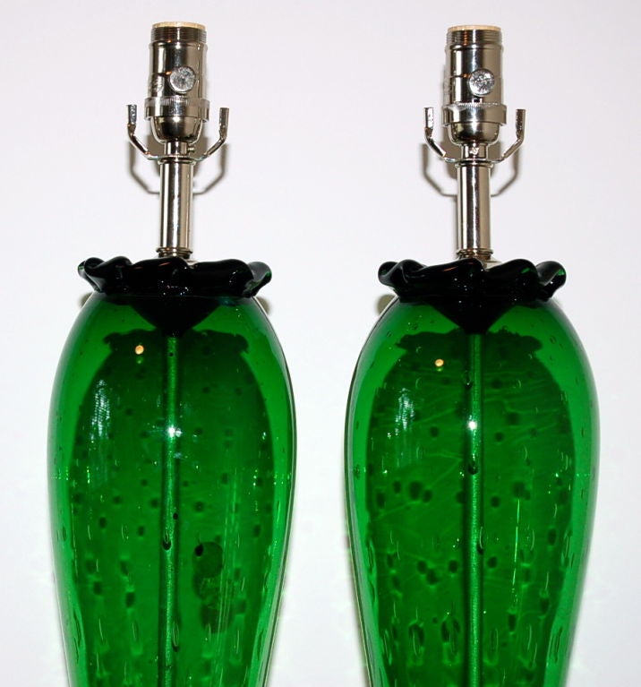 Italian Vintage Murano Table Lamps Green and Controlled Bubbles For Sale