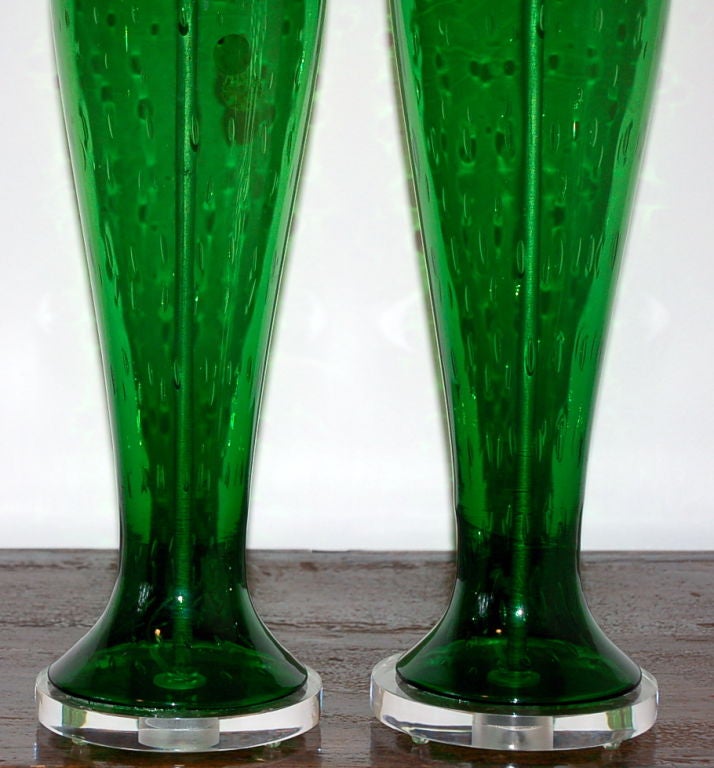 Vintage Murano Table Lamps Green and Controlled Bubbles In Excellent Condition For Sale In Little Rock, AR