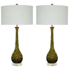 Pair of Vintage Murano Lamps with Applied Glass of Emerald Green