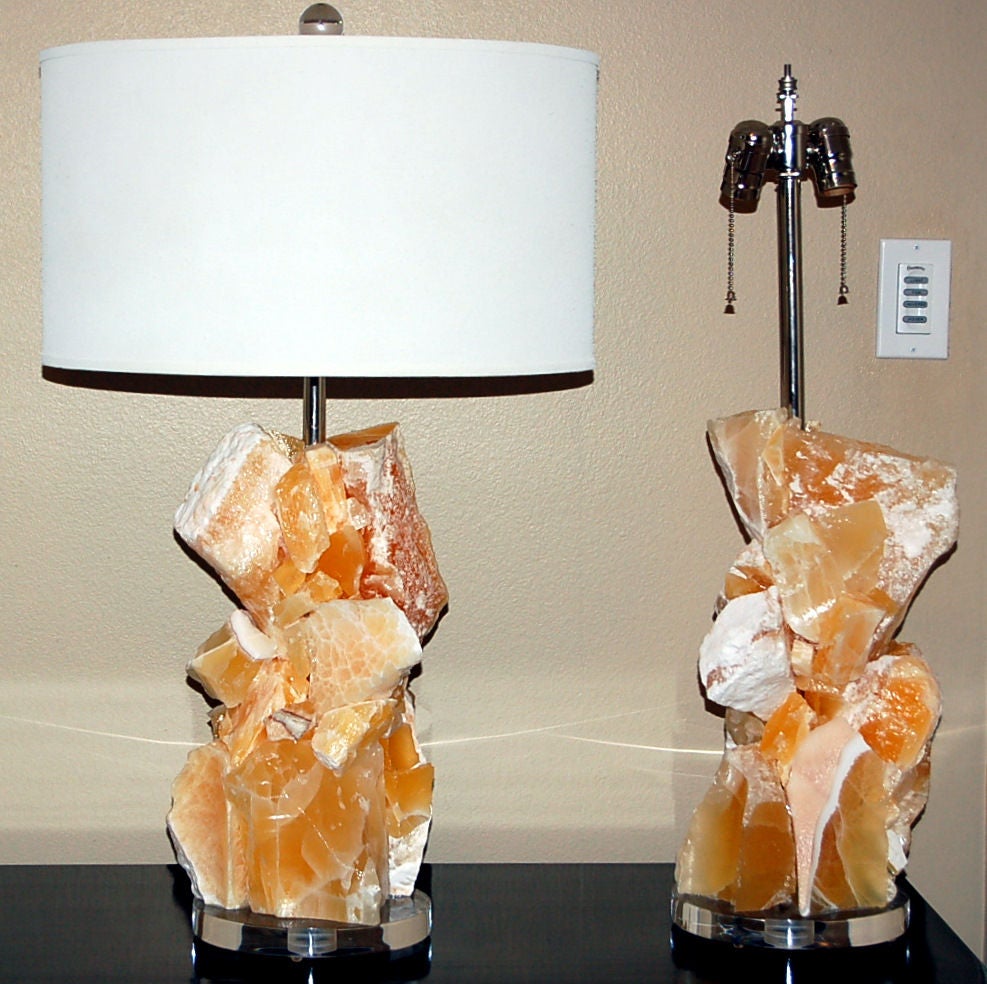 Mid-Century Modern Pair of Natural Tangerine Calcite Cluster Lamps by Swank Lighting