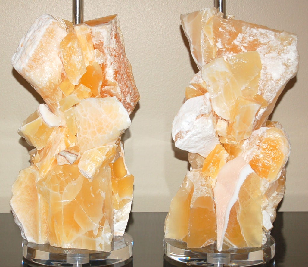 American Pair of Natural Tangerine Calcite Cluster Lamps by Swank Lighting