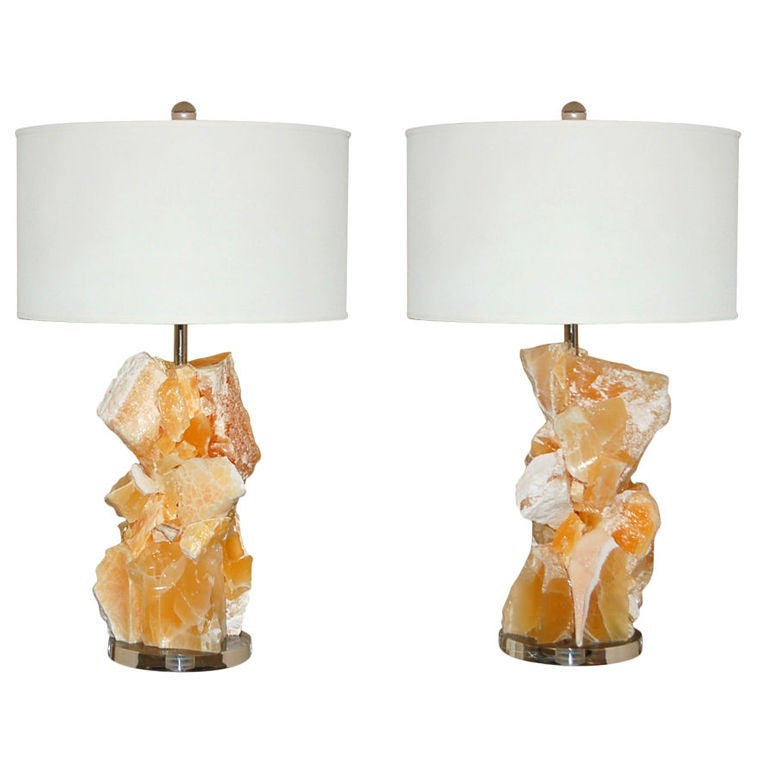 Pair of Natural Tangerine Calcite Cluster Lamps by Swank Lighting