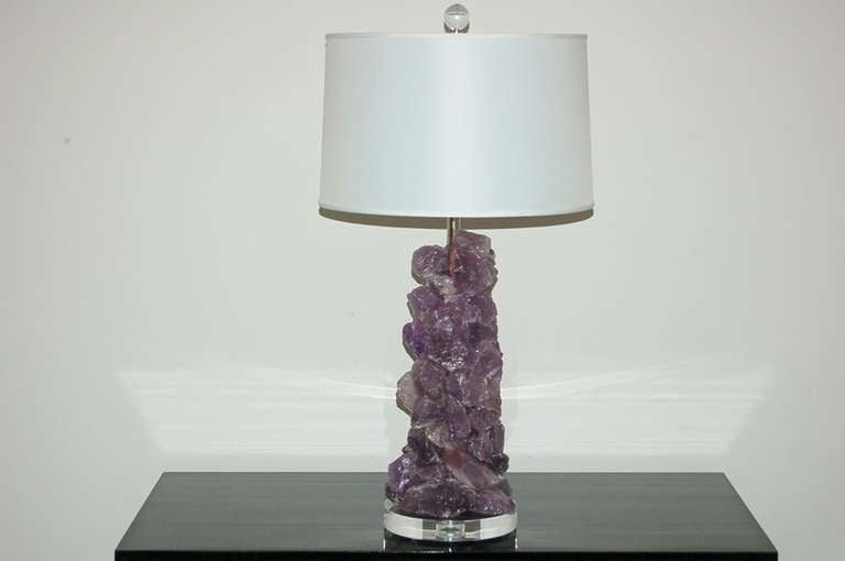 Cluster lamps in AMETHYST FROST, made of prehistoric Brazilian Amethyst Quartz. These lamps are extremely elegant. Gorgeous art pieces that really light up a room - designed by Swank Lighting.

The lamps are sculpted on simple Lucite bases and