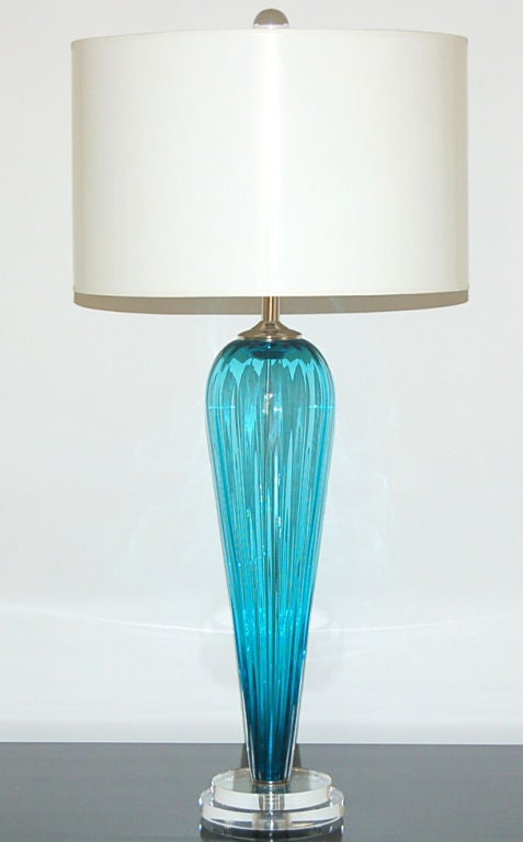 American Blue Handblown Pair of Glass Lamps by Joe Cariati For Sale
