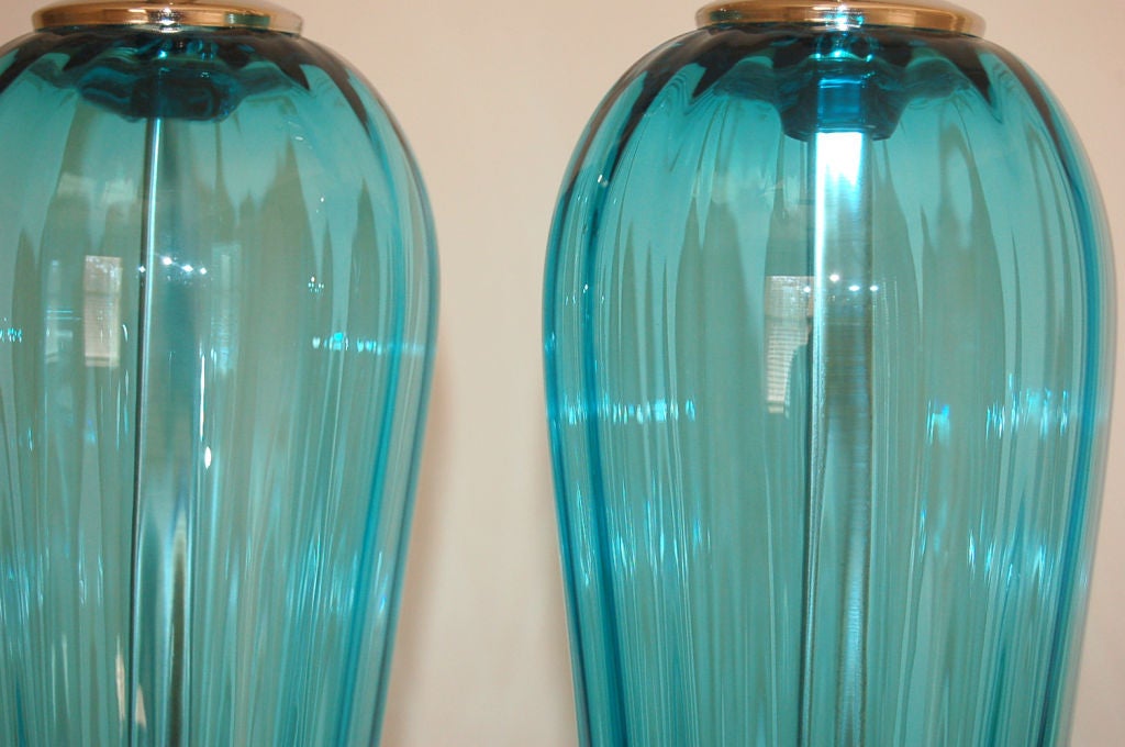 Blown Glass Blue Handblown Pair of Glass Lamps by Joe Cariati For Sale
