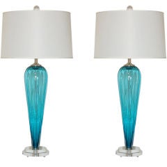 Blue Handblown Pair of Glass Lamps by Joe Cariati