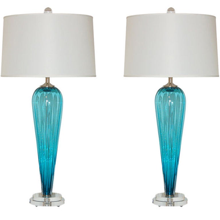 Blue Handblown Pair of Glass Lamps by Joe Cariati For Sale