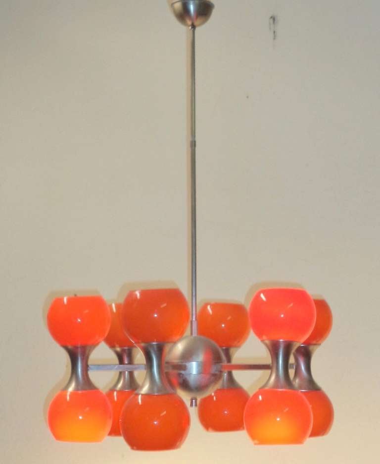 Mid-Century Modern Vintage Murano Glass Six Light Chandelier in Soda Pop Orange
