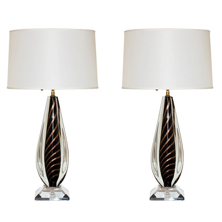 Rare Tiger Striped Vintage Murano Sommerso Glass Lamps For Sale