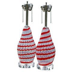 Vintage Cherry Red Striped Opaline Murano Lamps by Seguso