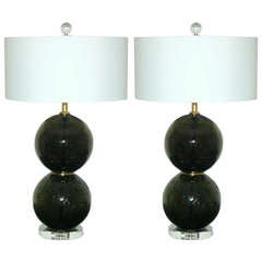 Pair of Vintage Olive Green Craquele Murano Glass Ball Lamps