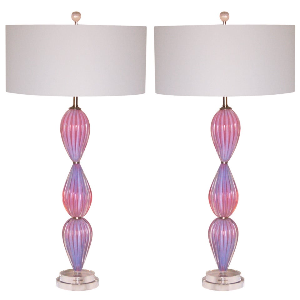 Pair of Vintage Teardrops of Pink Opaline Murano Lamps