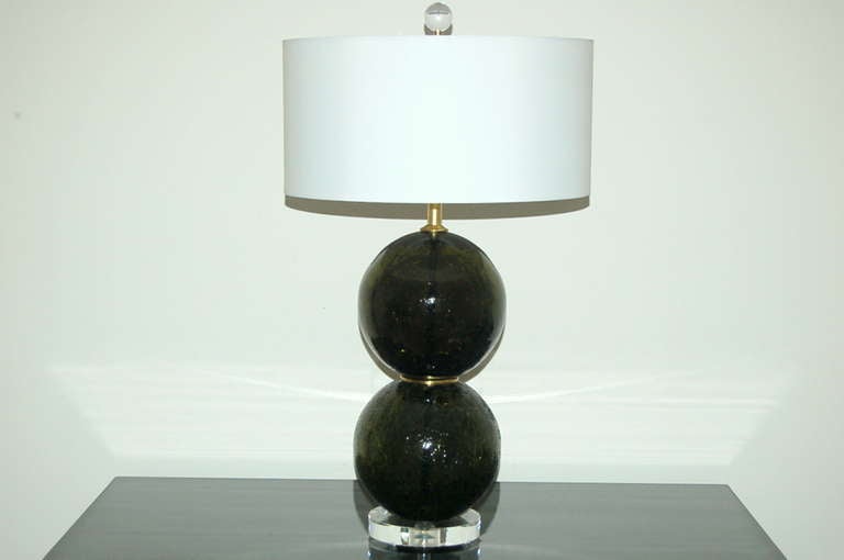 Pair of Vintage Olive Green Craquele Murano Glass Ball Lamps