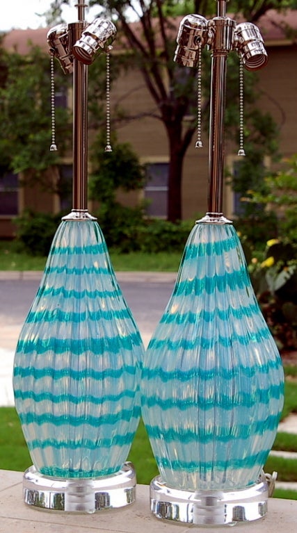 20th Century Pair of Vintage Wintergreen Murano Striped Lamps For Sale