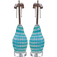 Pair of Vintage Wintergreen Murano Striped Lamps