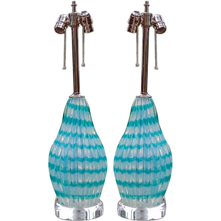 Pair of Vintage Wintergreen Murano Striped Lamps For Sale