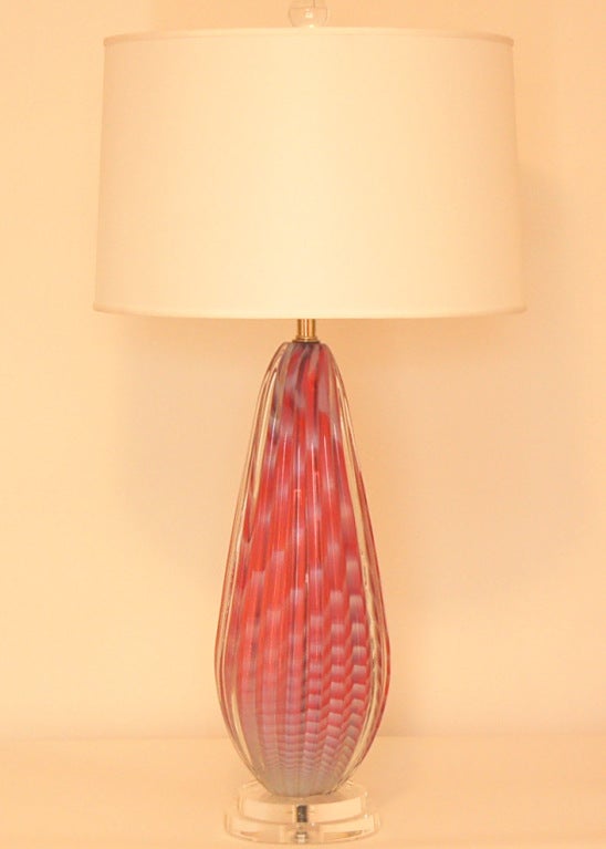 Italian Rare Pair of Opaline Striped Murano Lamps in Cotton Candy For Sale