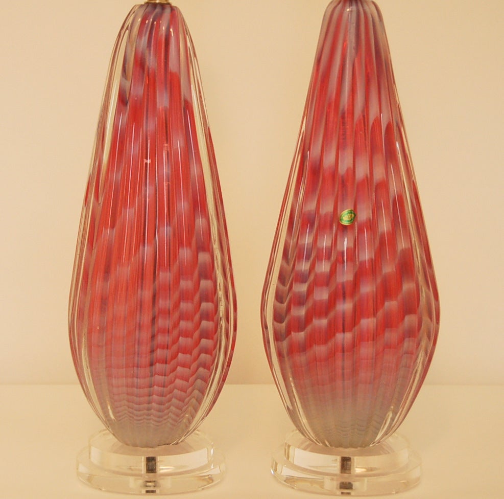 Rare Pair of Opaline Striped Murano Lamps in Cotton Candy In Excellent Condition For Sale In Little Rock, AR