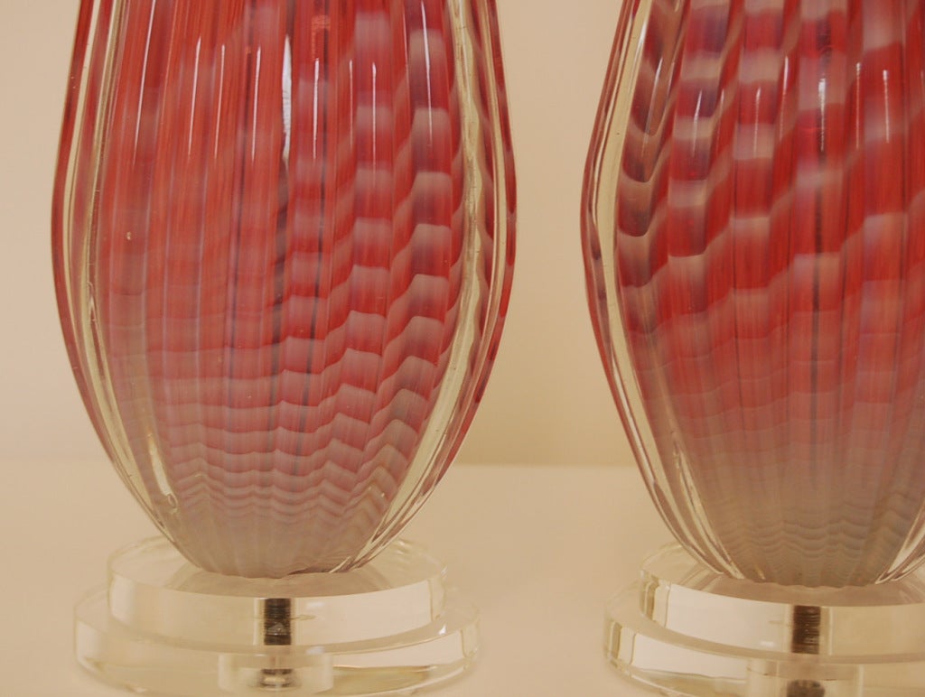 20th Century Rare Pair of Opaline Striped Murano Lamps in Cotton Candy For Sale