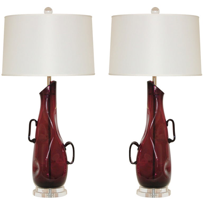 Vintage Dimpled Sculptural Murano Lamps in Deep Aubergine For Sale