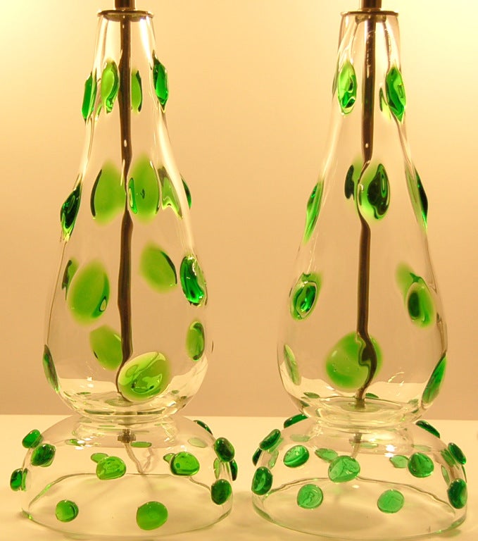 Italian Pair of Vintage Murano Lamps with Emerald Green Prunts For Sale
