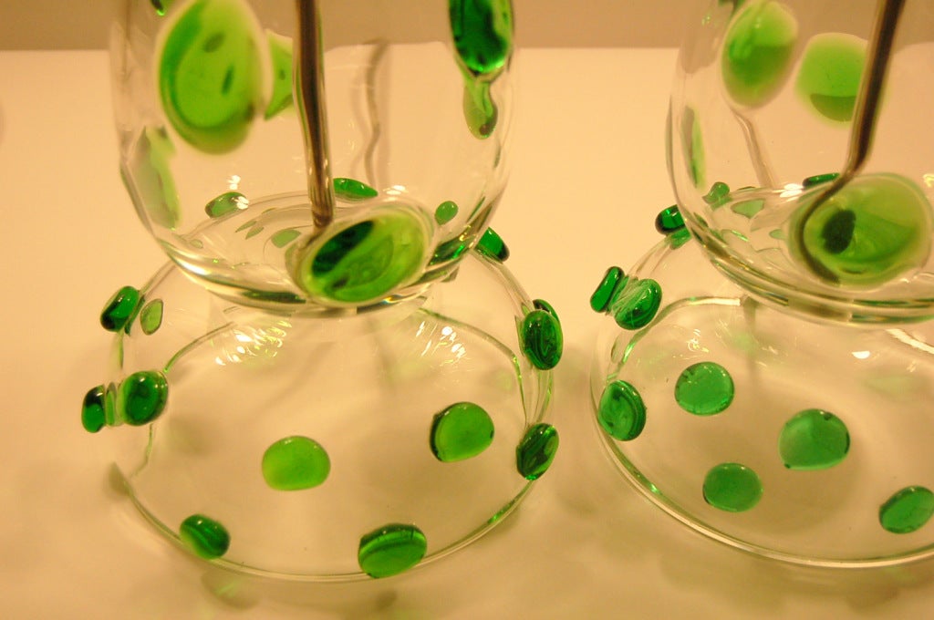 20th Century Pair of Vintage Murano Lamps with Emerald Green Prunts For Sale