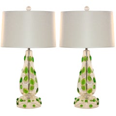 Pair of Vintage Murano Lamps with Emerald Green Prunts