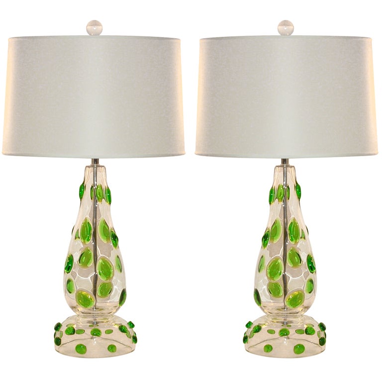 Pair of Vintage Murano Lamps with Emerald Green Prunts For Sale