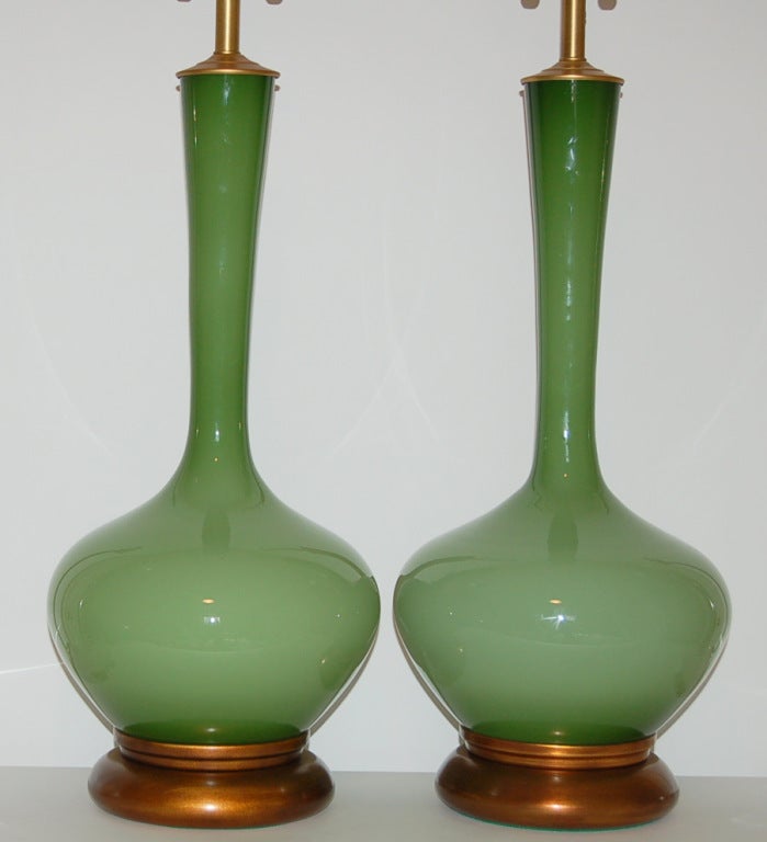 Matched Pair of Vintage Handblown Swedish Glass Lamps by Marbro in Jade In Excellent Condition For Sale In Little Rock, AR