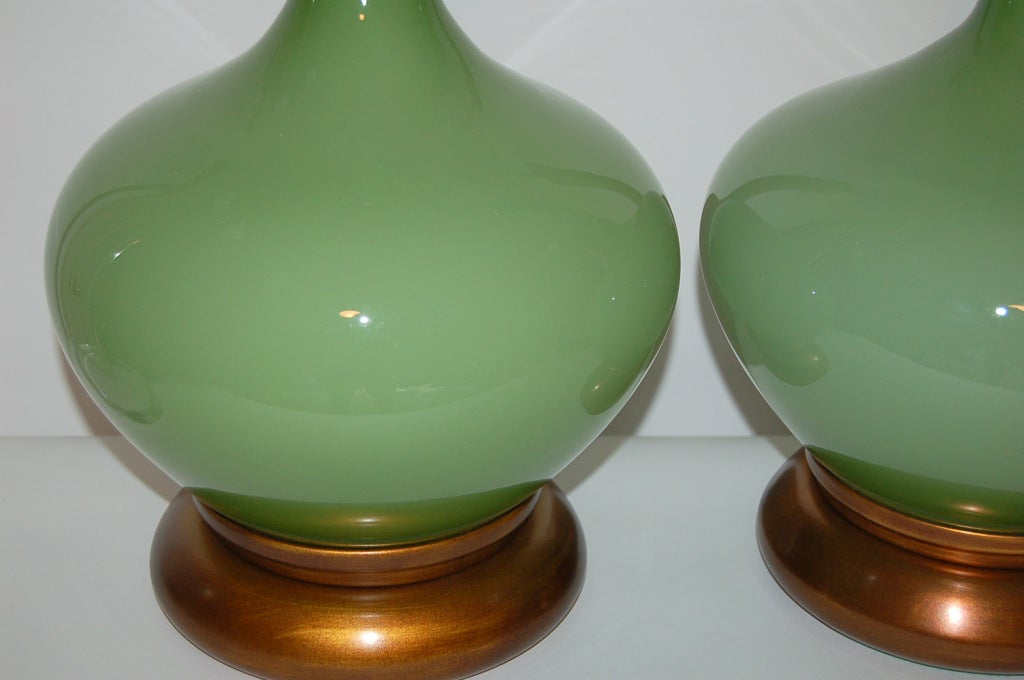 Mid-20th Century Matched Pair of Vintage Handblown Swedish Glass Lamps by Marbro in Jade For Sale