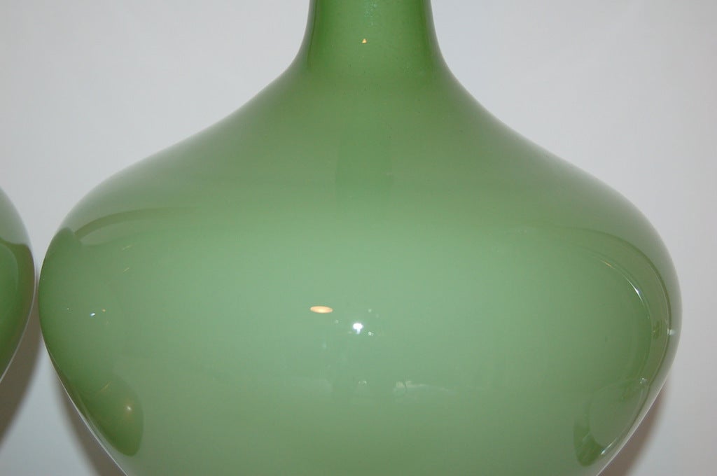 Brass Matched Pair of Vintage Handblown Swedish Glass Lamps by Marbro in Jade For Sale