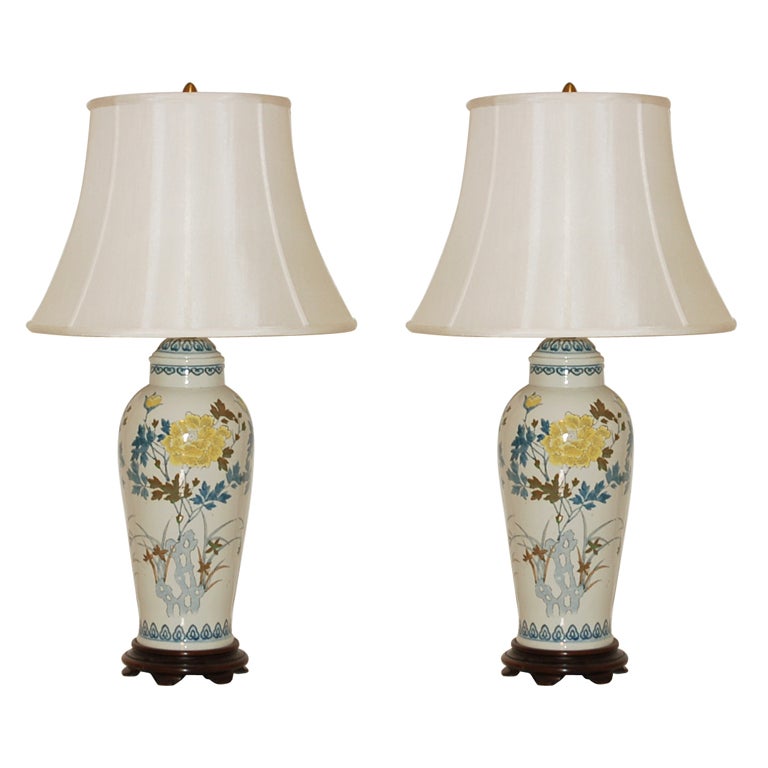 Vintage Hand Painted Porcelain Lamps by Marbro For Sale