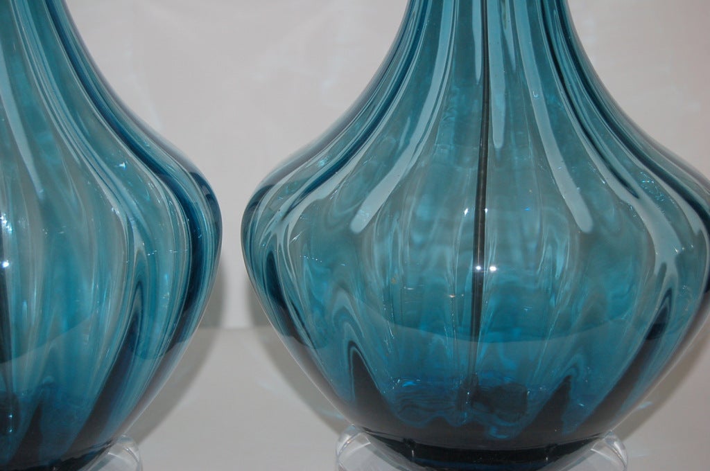 Mid-20th Century Pair of Vintage Murano Petticoat Lamps in Teal Blue