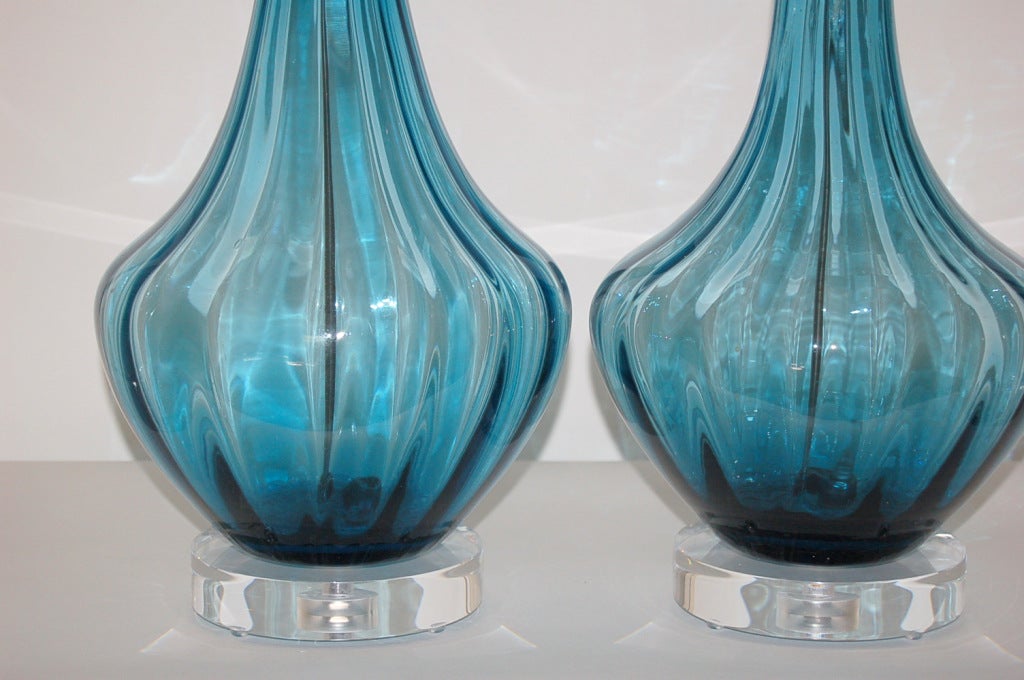 Murano Glass Pair of Vintage Murano Petticoat Lamps in Teal Blue