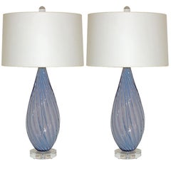 Pair of VIntage Murano Opaline Lamps by Barbini-Almond Shaped