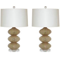 Pair of Vintage Murano Lamps by Dino Martens in Pink and Green