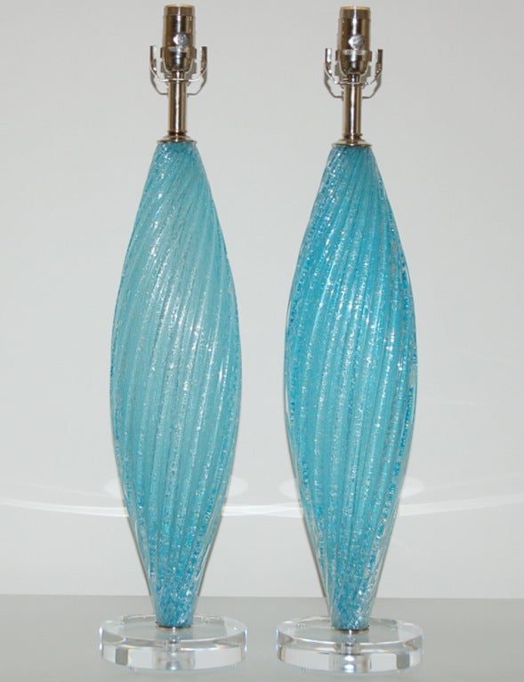 Mid-Century Modern Blue Pulegoso Murano Table Lamps For Sale
